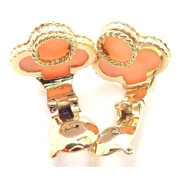 Van Cleef & Arpels Vintage Alhambra 18k Yellow Gold Angel Skin Coral Earrings - Picture 7 of 12